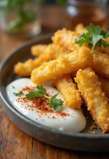 Kızarmış yuca tabağı ve yanında kırmızımsı baharatlı hindistan cevizi sosu