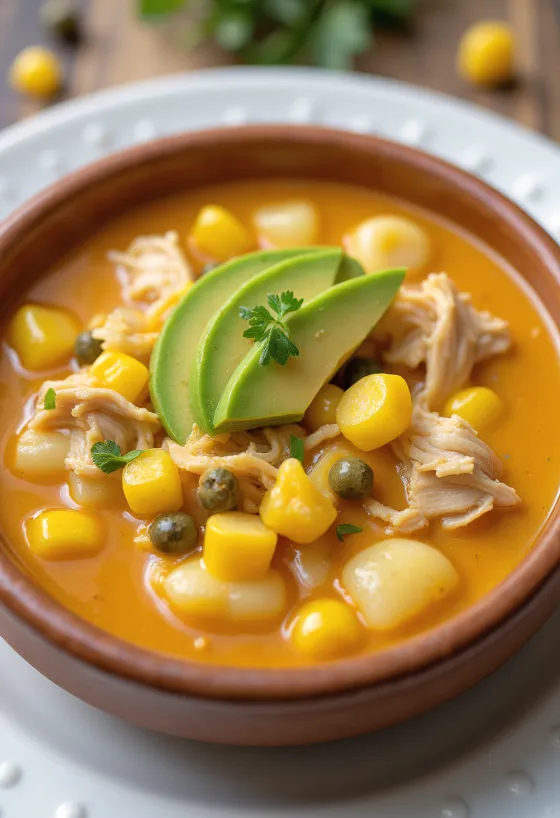 Servis edilen tavuklu Ajiaco