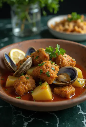 Servis edilmiş Carne de porco à Alentejana Portekiz yemeği