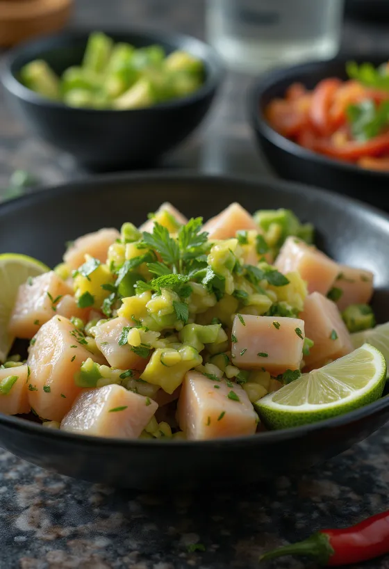 Misket limonu suyu ve avokado ile servis edilen Avokadolu Ceviche