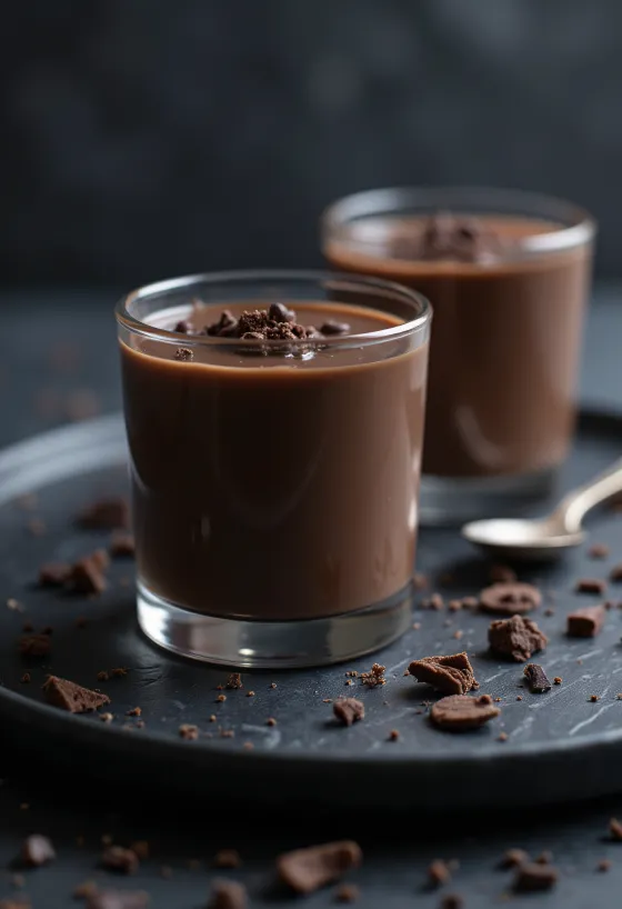 Orman meyveleri ve çikolata parçalarıyla süslenmiş çikolatalı panna cotta