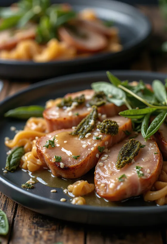 Saltimbocca domuz fileto, adaçayı ve prosciutto ile, beyaz şarap soslu