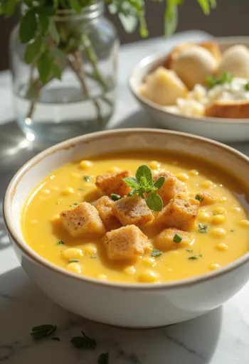 Füme sosis ve taze maydanozla servis edilen sarı bezelye çorbası