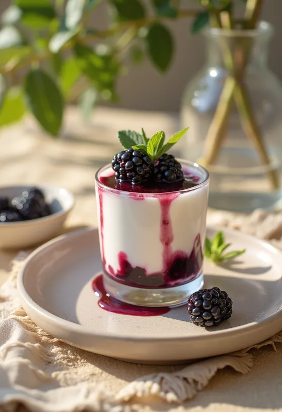 Servis edilmiş böğürtlenli panna cotta