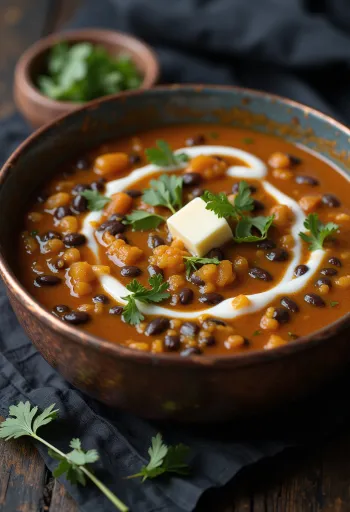 Taze kişniş ile servis edilen Dal Maharani kremalı mercimek