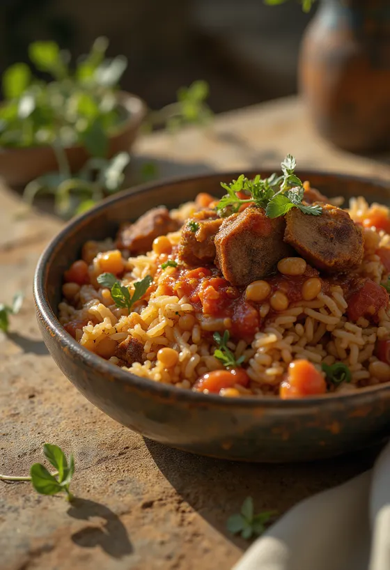 Füme Etli Kuşari, pirinç, mercimek ve makarnadan yapılan, zengin domates soslu Mısır yemeği