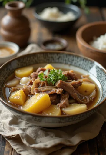 Soya soslu sosta dana eti ve patates ile servis edilen Nikujaga