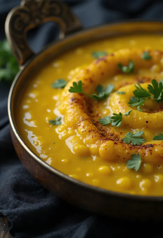 Taze kişniş ile süslenmiş Toor dal sarı mercimek kasesi