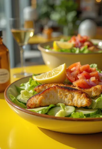 Balzamik sirkeli soslu, çıtır sebzeli ve ızgara tavuk göğüslü taze tavuklu salata.