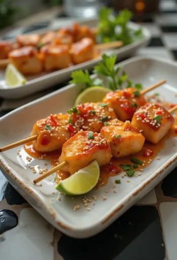 Tatlı-ekşi satay, taze sebzelerle ızgara tavuk şişleri