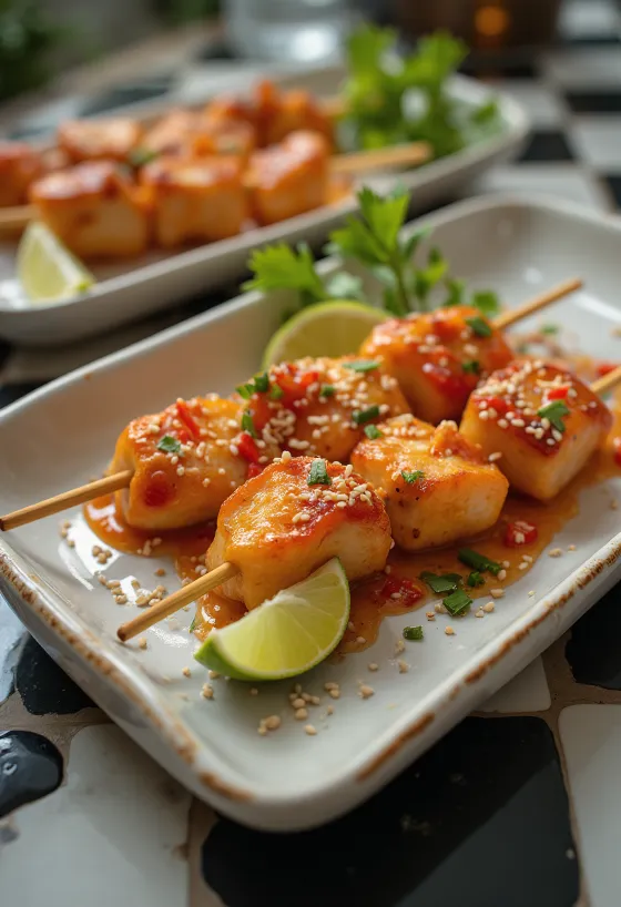 Tatlı-ekşi satay, taze sebzelerle ızgara tavuk şişleri
