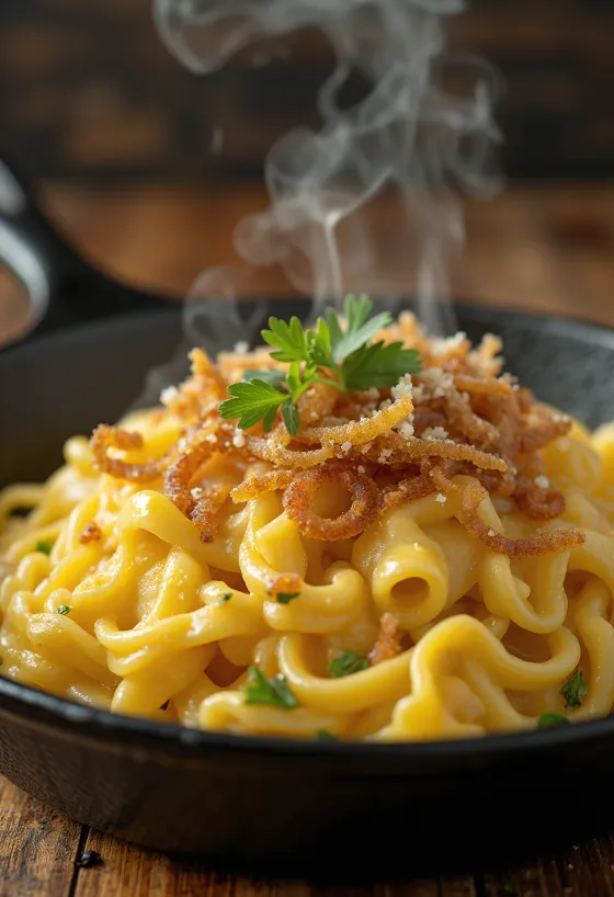Tütsülenmiş jambon ve kavrulmuş soğanla Avusturya peynirli makarnası Käsespätzle