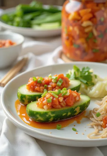 Oi sobagi, dolgulu salatalık kimçisi servis edilmiş