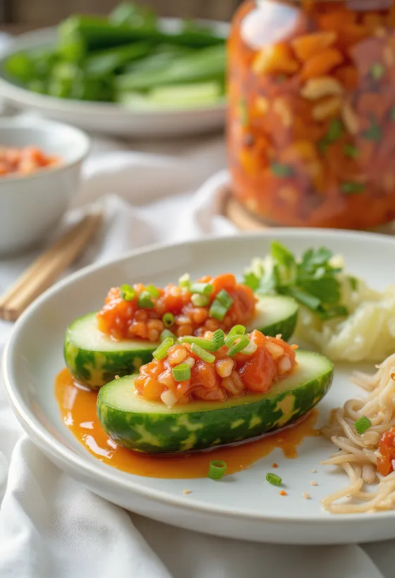 Oi sobagi, dolgulu salatalık kimçisi servis edilmiş