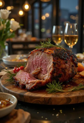 Fırınlanmış sebzelerle servis edilen ballı soslu yaban domuzu.