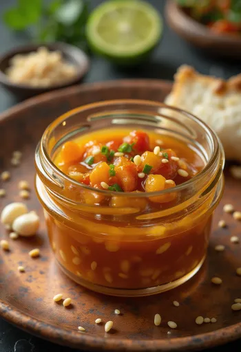 Servis edilmiş susamlı acı biber ve misket limonu sosu