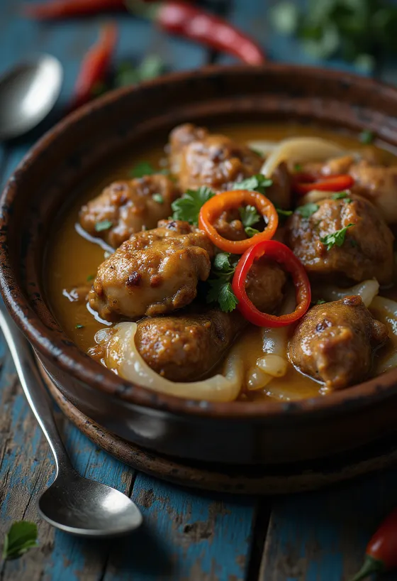 Kişnişle süslenmiş, yoğun soslu hindistan cevizi sütlü Adobo tavuk