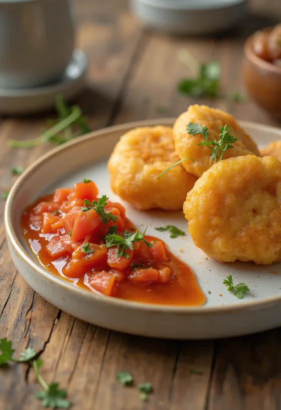 Kişnişle süslenmiş baharatlı soslu Akara lokmaları