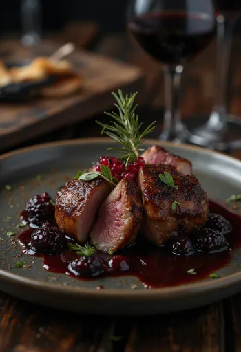 Sebzelerle servis edilen kırmızı şarap soslu Antilop Madalyon