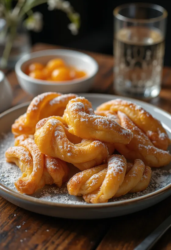 Pudra şekeri serpilmiş ve reçelle servis edilen Macar Çöröge Tatlısı