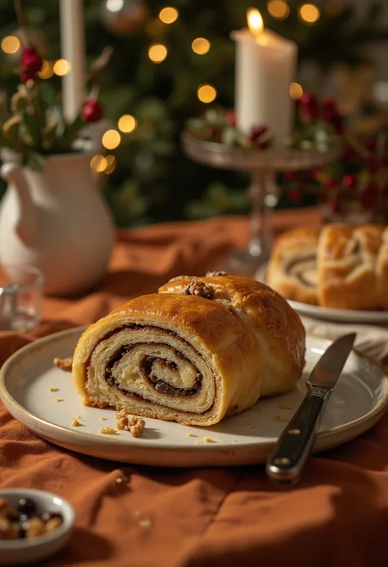 Taze pişmiş cevizli bejgli dilimleri.