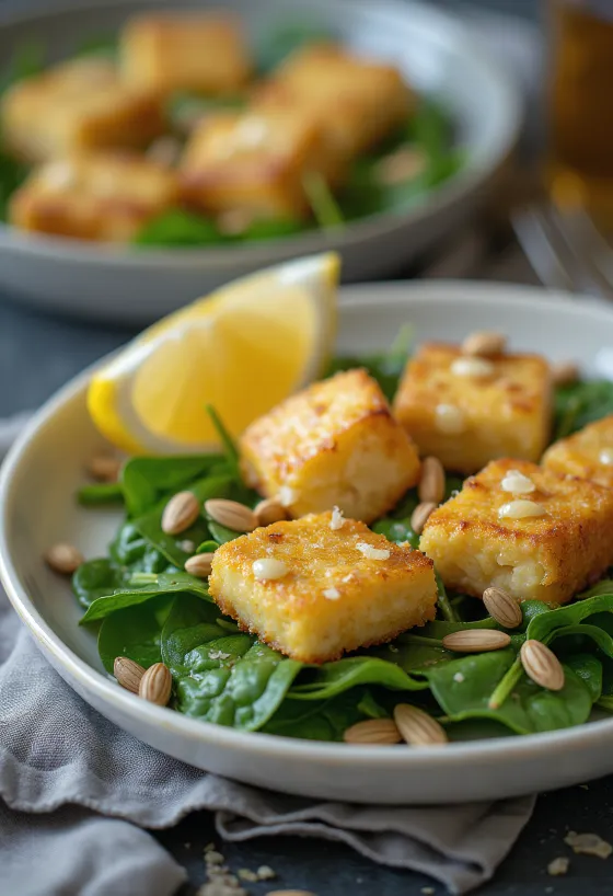 Taze ve çıtır sebzelerle servis edilen ıspanak salatalı sarımsaklı tofu