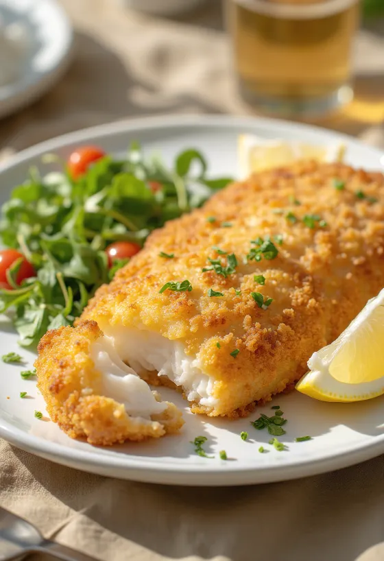 Altın sarısı kızarmış çıtır balık filetosu, taze limon dilimleri ve sebzelerle servis edilmiş.