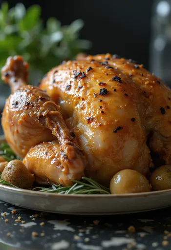 Fırınlanmış sebzelerle servis edilen trüf tereyağlı fırında kapon.