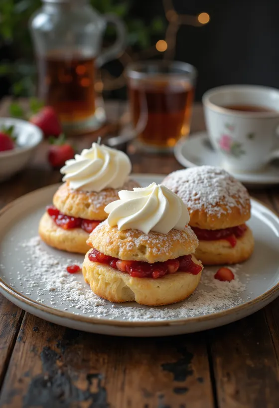 Çilek reçelli ve kremalı Semla, pudra şekeri serpilmiş