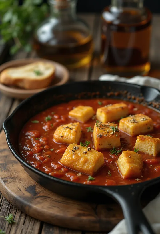 Baharatlı domates soslu kızarmış tofu servisi