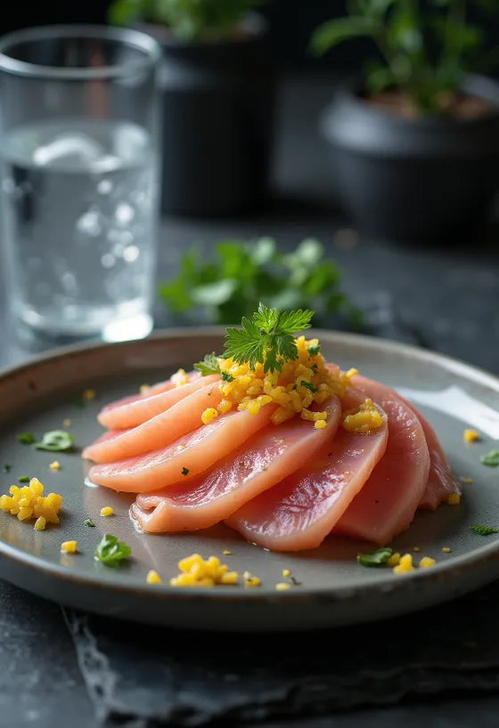Glütensiz Tiradito, misket limonu suyu ve şili biberi ile servis edilen taze balık