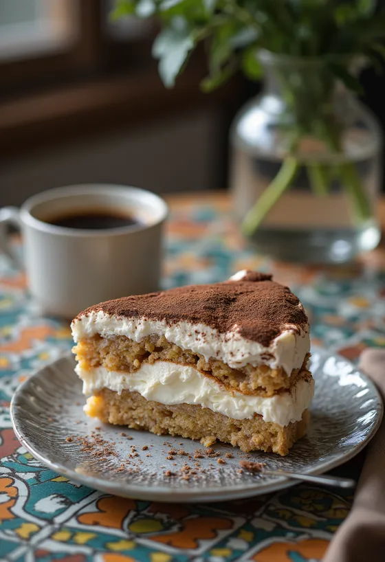 Katmanlı kahveli kedi dili ve kakao tozu serpilmiş mascarpone kremalı kremamsı tiramisu pastası.