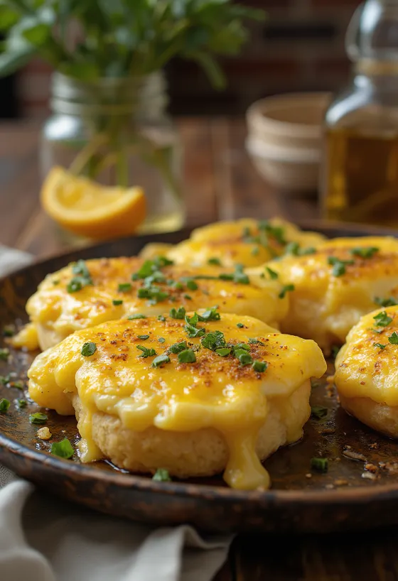 Sarımsaklı Welsh rarebit servisi, peynirli soslu, kızarmış ekmek üzerinde, taze sarımsak parçalarıyla