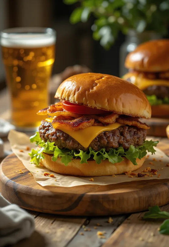 Çıtır pancetta ve ızgara soğan ile Ev Usulü Hamburger