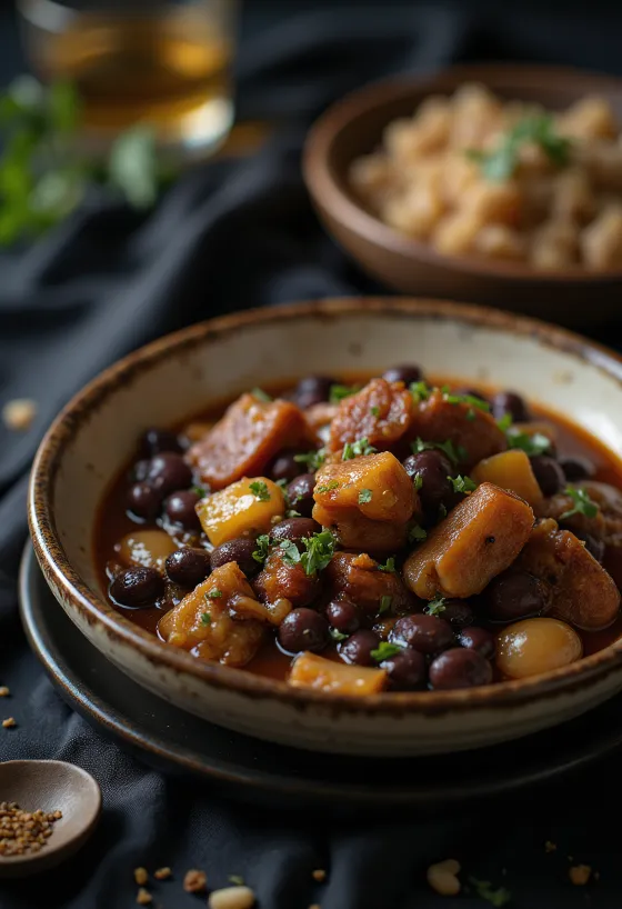 Füme fasulyeli Feijoada, zengin etler ve taze sebzelerle servis edilmiş