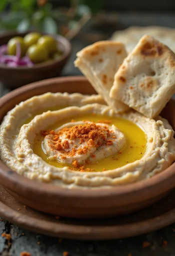 İpeksi kıvamda humus, üzerine zeytinyağı gezdirilmiş, pide ile servis edilmiş