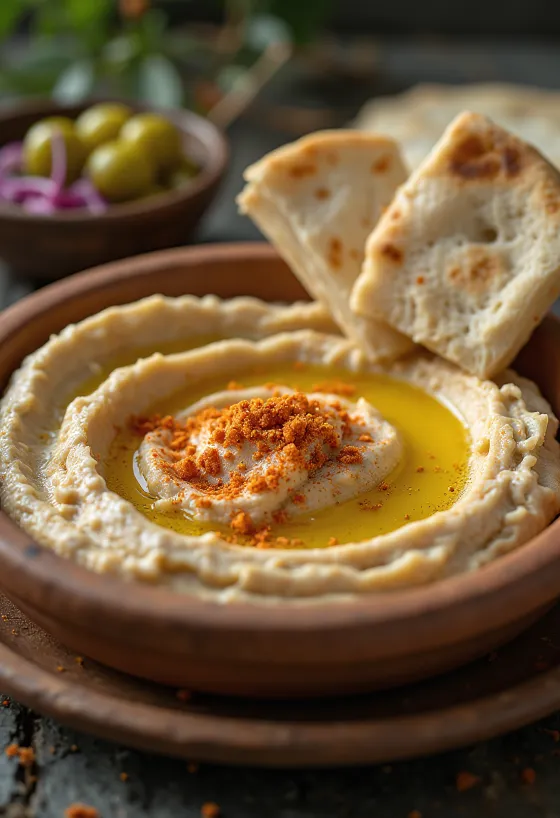 İpeksi kıvamda humus, üzerine zeytinyağı gezdirilmiş, pide ile servis edilmiş