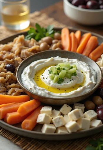 Taze sebzeler ve beyaz peynir ile servis edilen Cacıklı Meze Tabağı