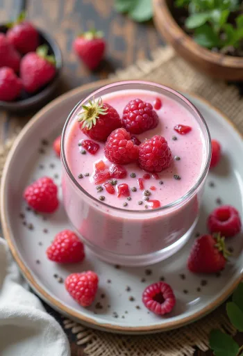 Bardakta servis edilen probiyotik ahududulu kefir, üzerinde taze ahududu taneleri ile