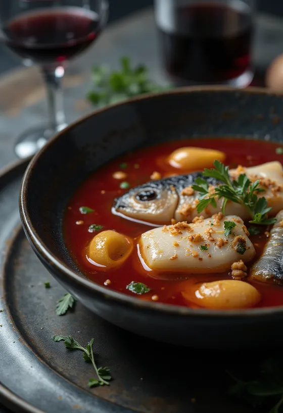 Kırmızı şarapla tatlandırılmış Psarosoupa, taze zeytinyağı ve limon suyu ile servis edilen zengin balık çorbası