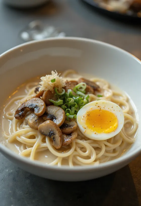 Trüf mantarı sosu ile servis edilen Truffle Ramen