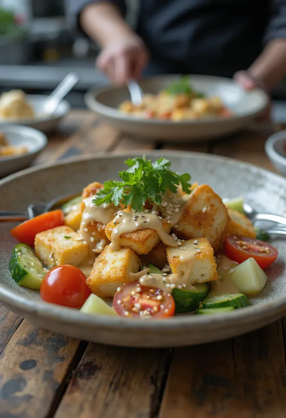 Tahinli sarımsaklı tofu salatası