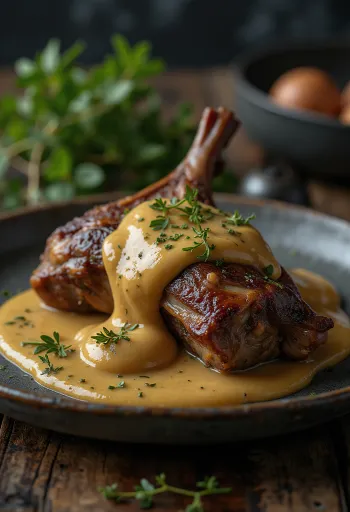 Zarif bir şekilde servis edilen hardal soslu fırında yaban tavşanı.