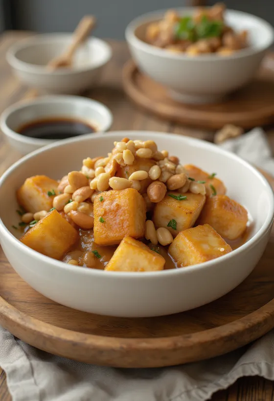 Fıstık soslu kızarmış tofu servisi