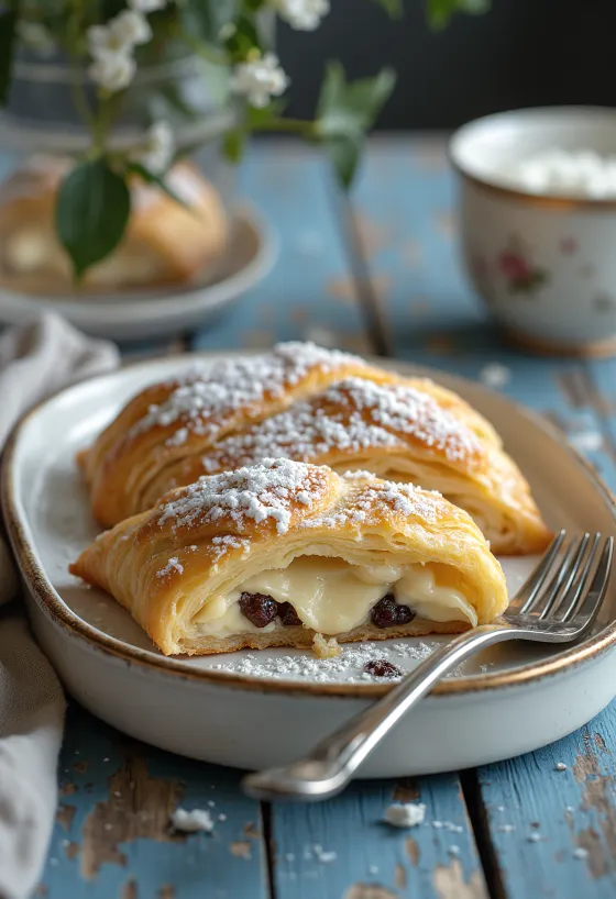 Nar gibi kızarmış lor peynirli strudel, üzerine pudra şekeri serpilmiş