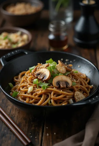 Mantarlı Yakisoba, sebzeler ve erişte ile servis edilmiş, susam ve kişnişle süslenmiş