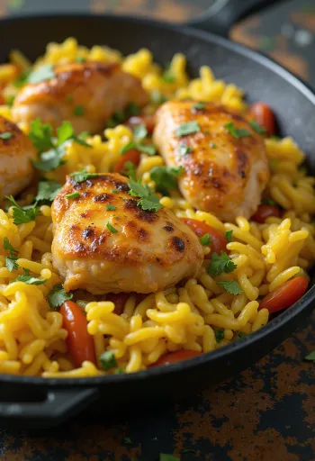 Kişnişle servis edilen baharatlı pirinçli tavuk Arroz con Pollo