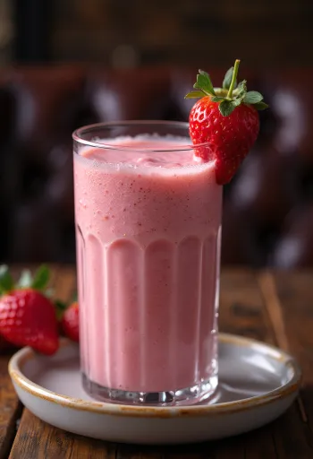 Uzun bardakta Çilekli Smoothie, taze çilek dilimleri ile süslenmiş