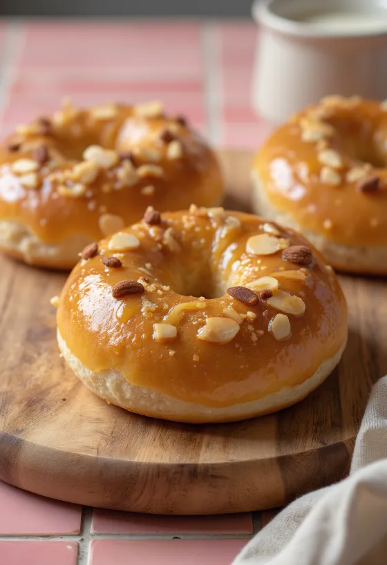 Taze pişmiş tarçınlı, ballı ve bademli bagel