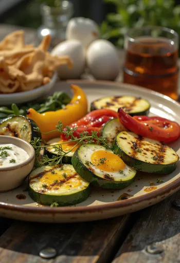 Taze baharatlarla serpilmiş renkli ızgara sebze çeşitleri.